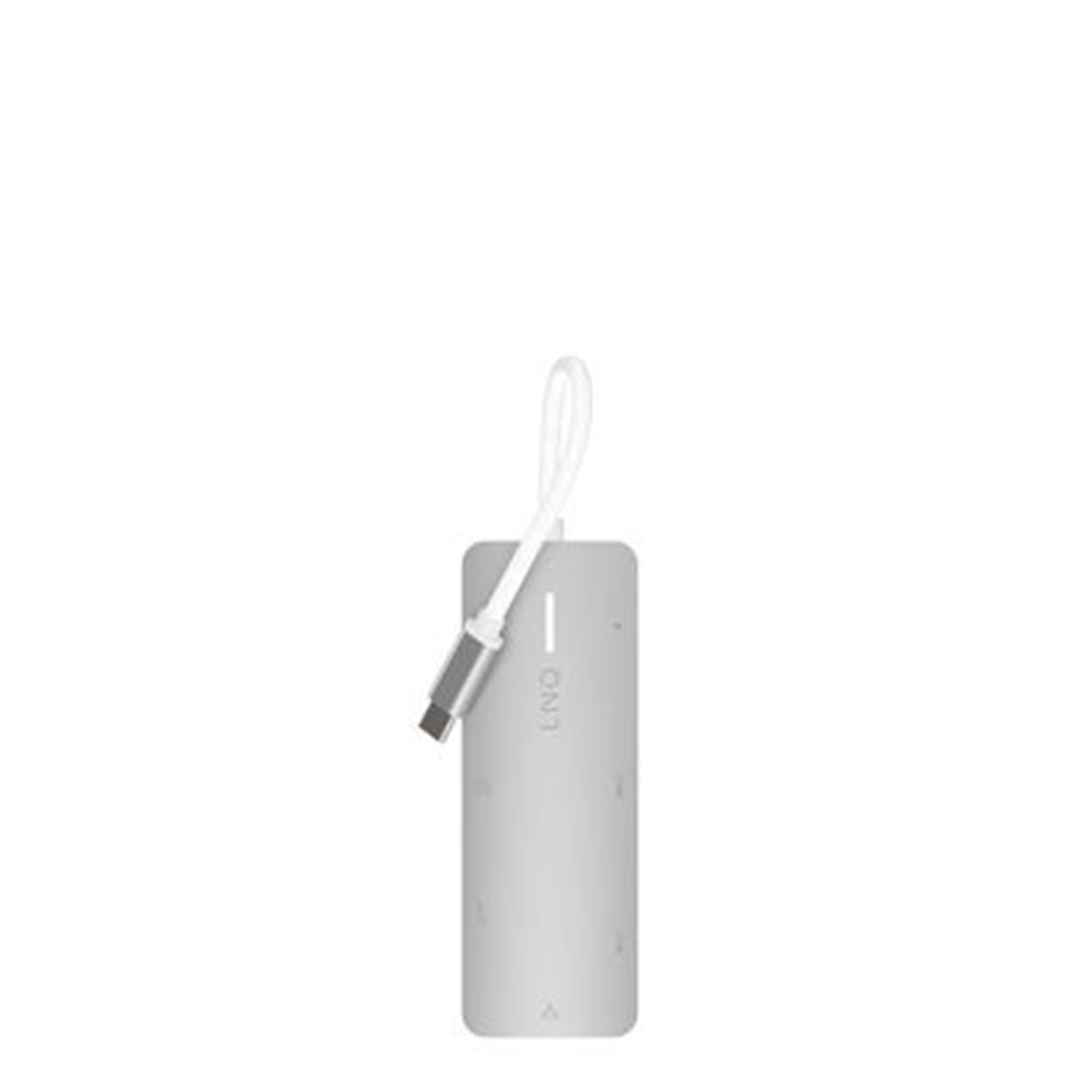 Ein grauer USB-C-Adapter mit einem weißen Kabel und silbernem Stecker.
