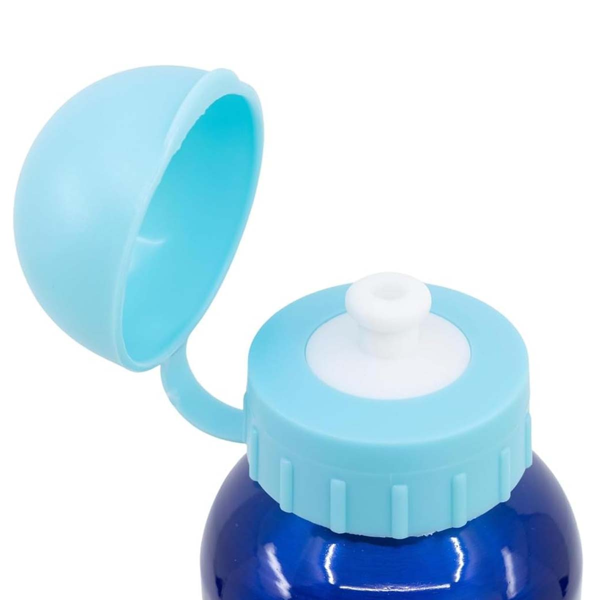 Borraccia blu con coperchio azzurro aperto e beccuccio bianco.