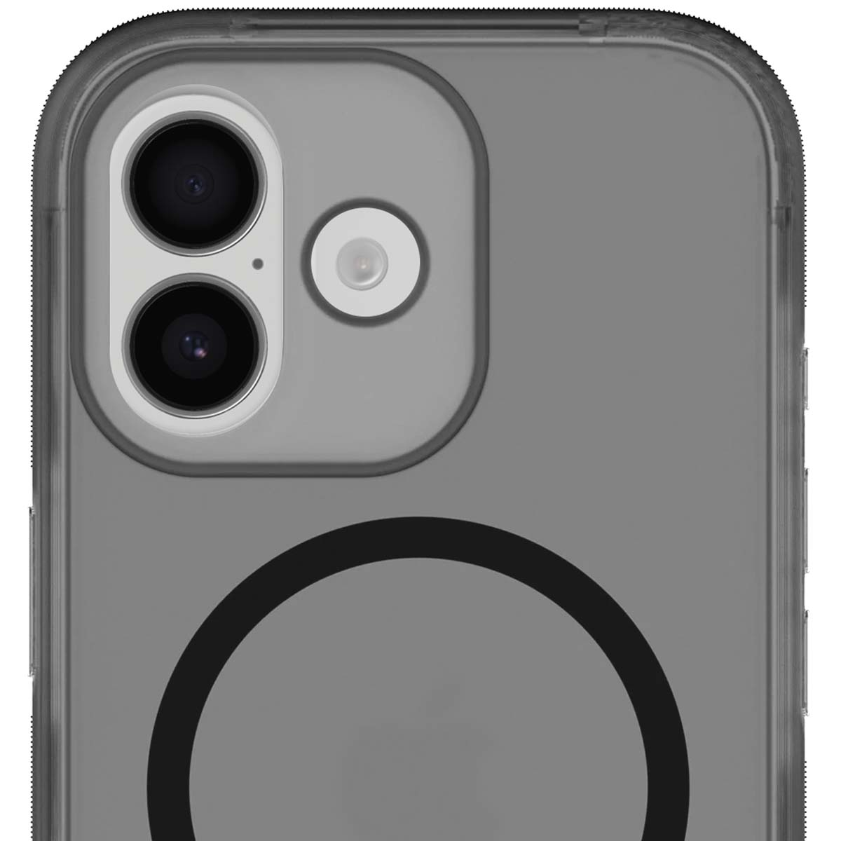 Primo piano del retro di una custodia trasparente per telefono con modulo fotocamera.