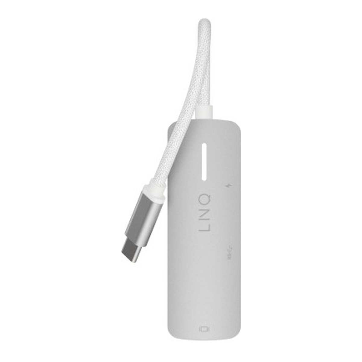 Un adattatore USB-C grigio con cavo e connettore bianchi.