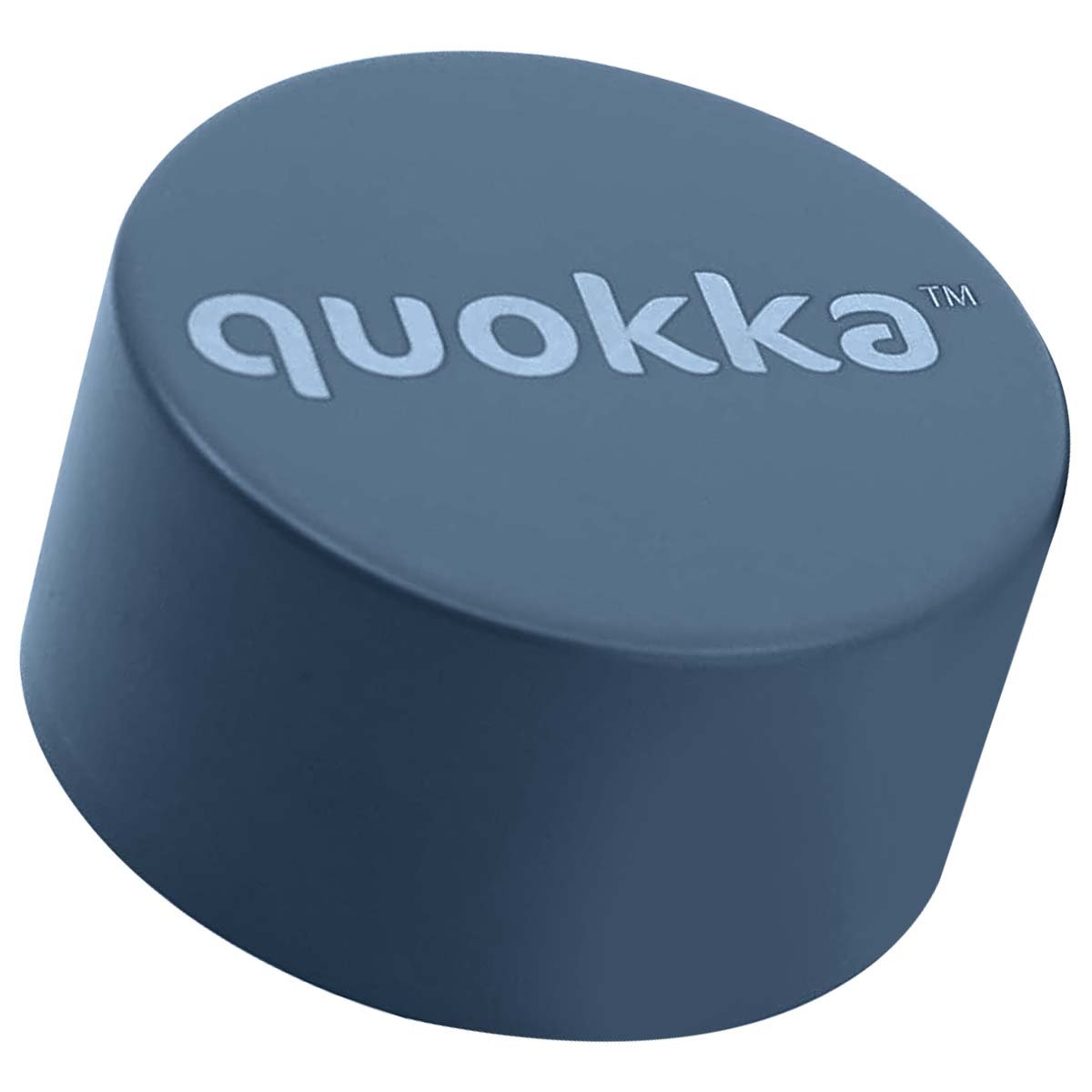 Un objeto cilíndrico azul oscuro con la palabra 'quokka' en relieve.