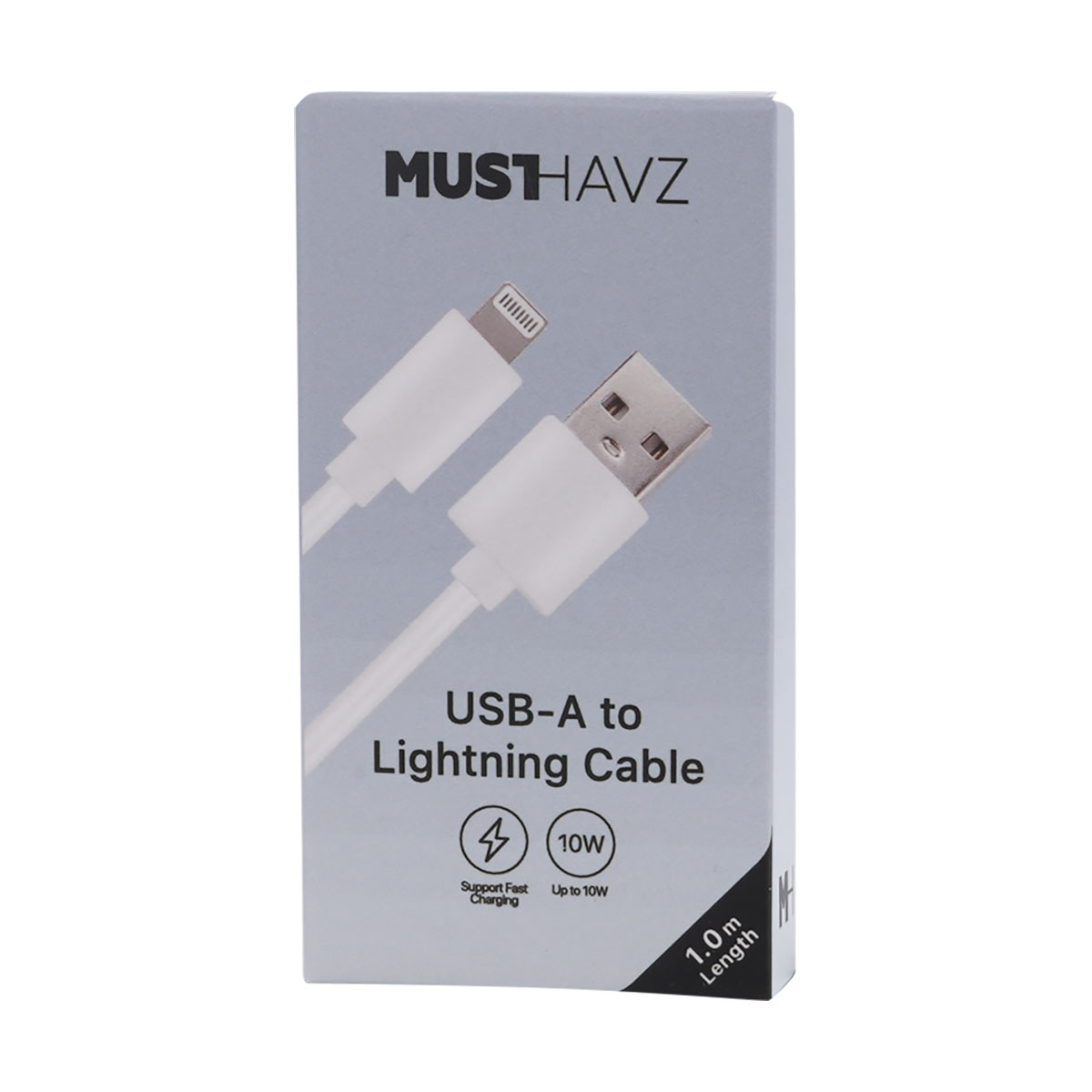 Emballage d'un câble blanc USB-A vers Lightning, longueur 1,0m.