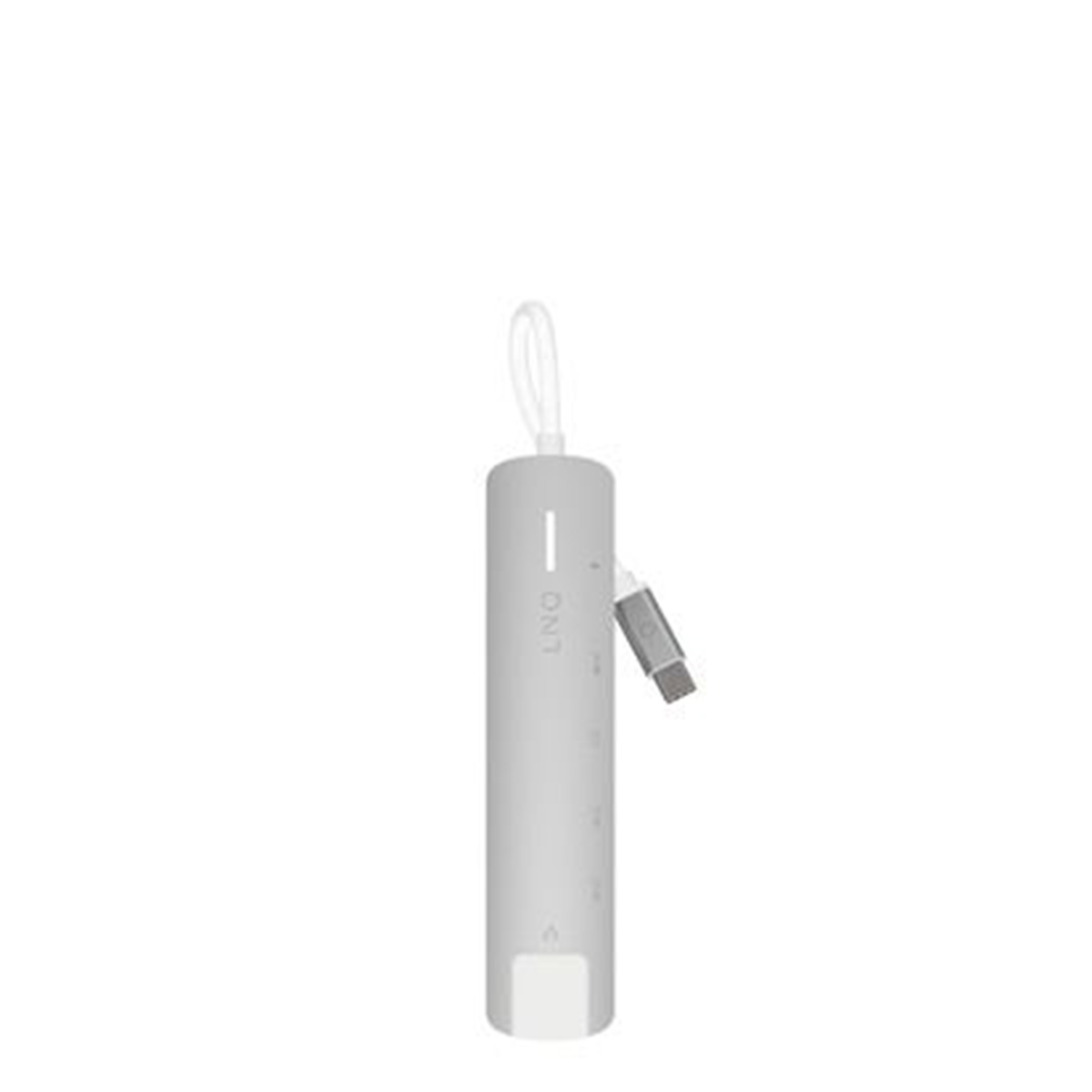 Un hub USB-C grigio con cavo bianco e connettore grigio.