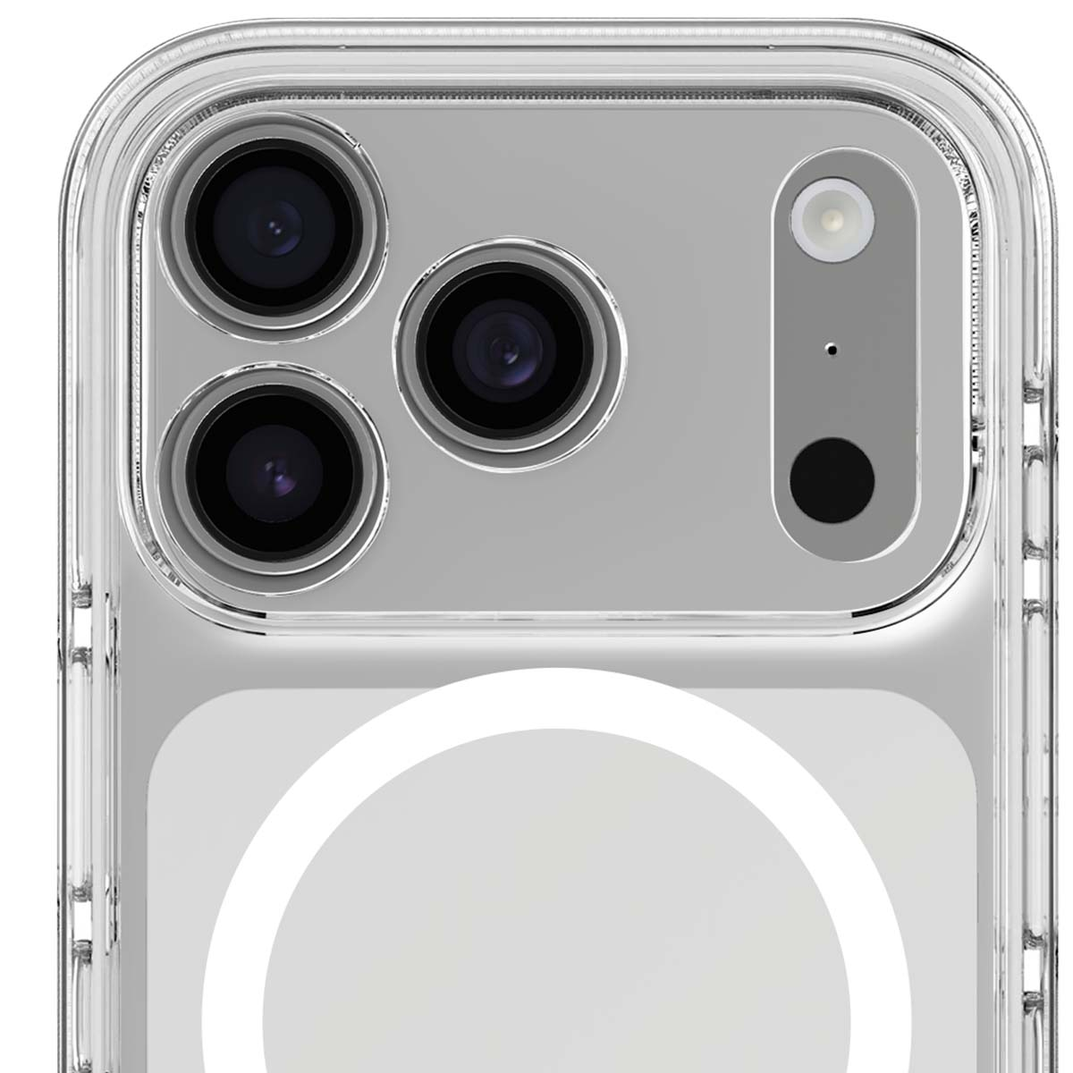 Custodia trasparente per telefono con tre lenti e flash.