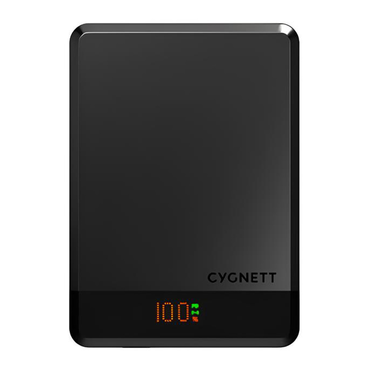 Schwarzes rechteckiges Gerät mit digitaler Anzeige "100%" und dem Logo "CYGNETT".