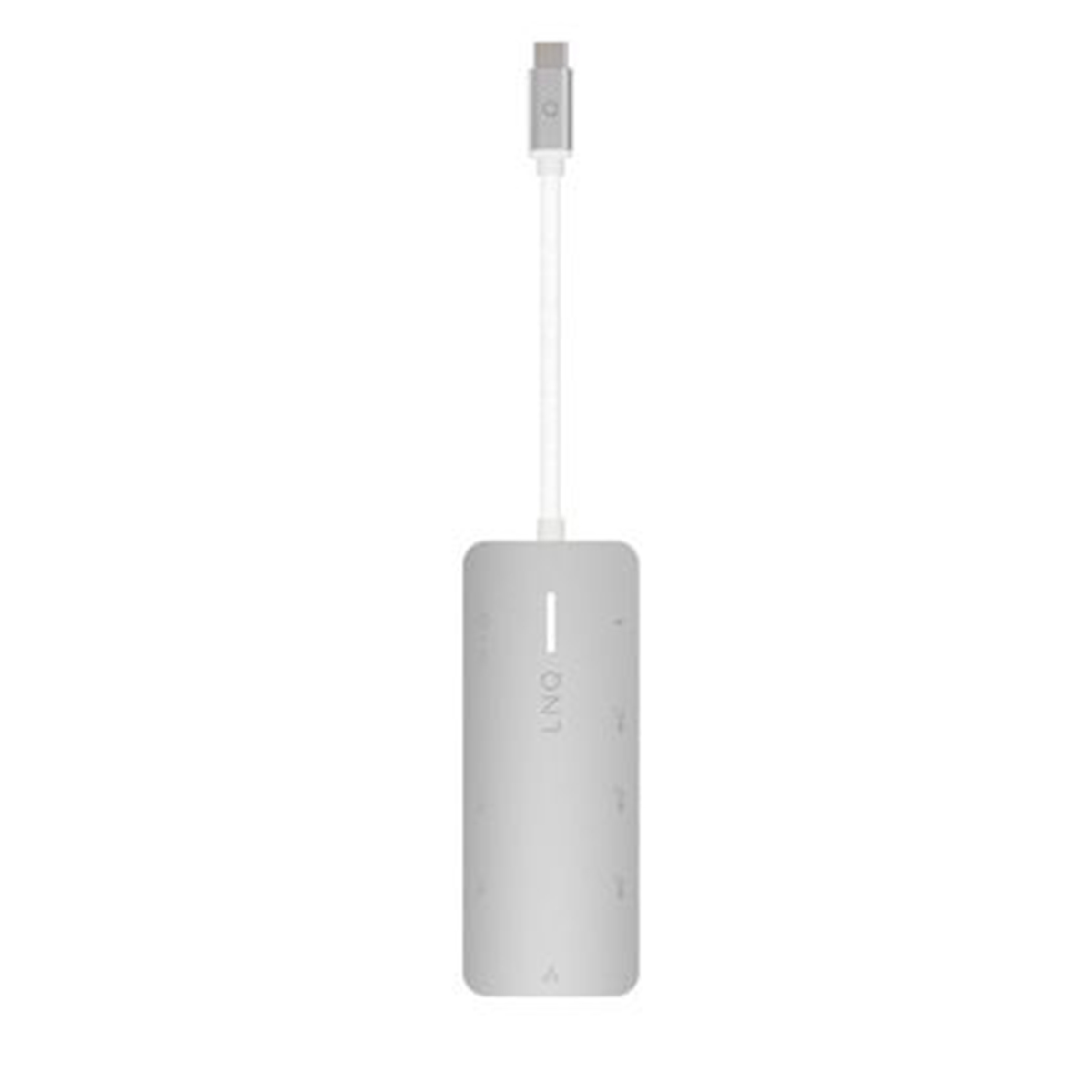 Un elegante concentrador USB-C plateado con cable y conector blancos.