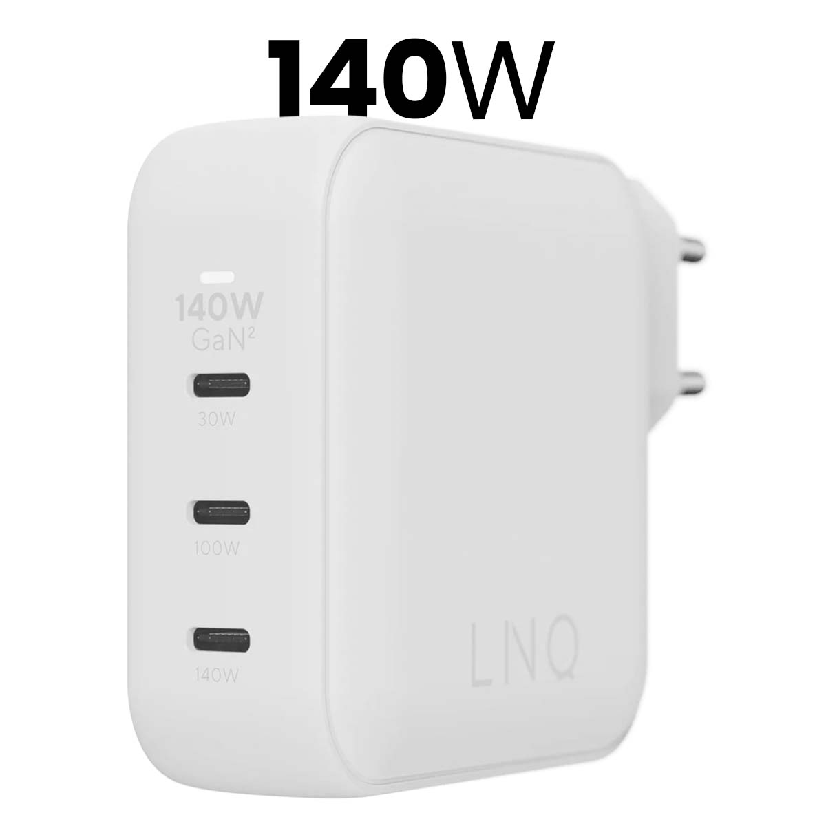 Ein weißer 140W GaN2 Netzadapter mit drei USB-C-Anschlüssen.