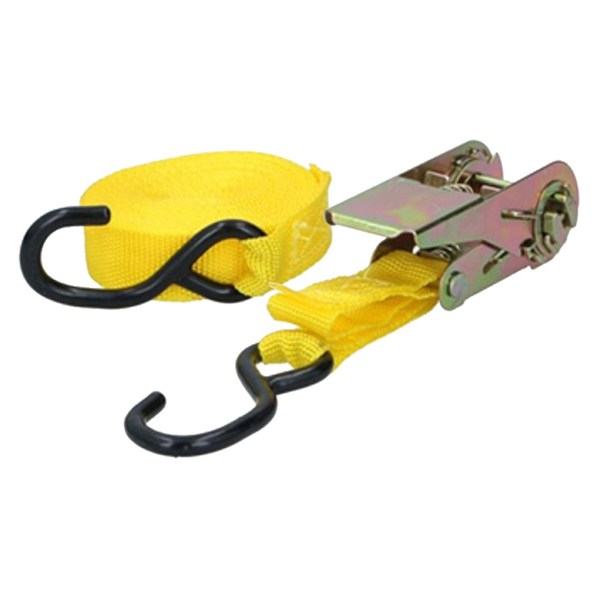 Yellow ratchet strap with black hooks, metal ratchet mechanism.