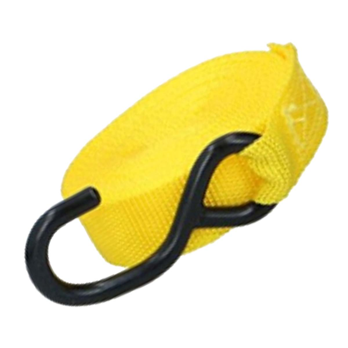 A yellow strap with a black hook, isolated on a white background.