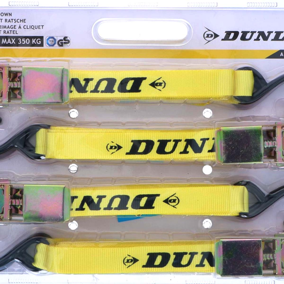 Yellow tie-down straps with Dunlop logo in packaging.