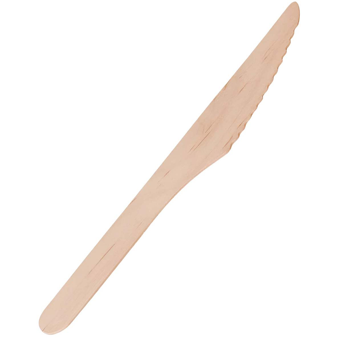 Un coltello di legno marrone chiaro con bordo seghettato giace diagonalmente.