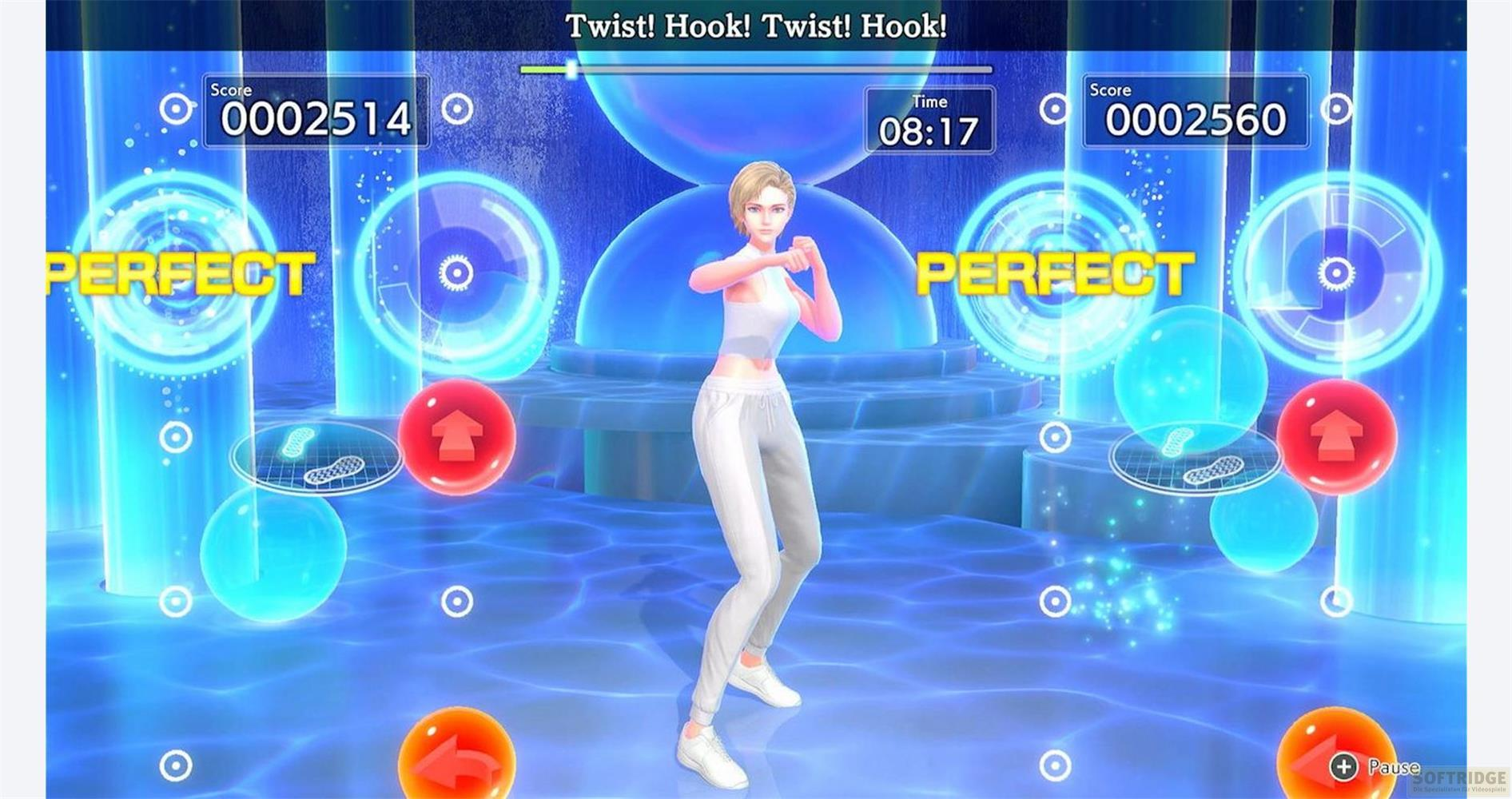 Kobieta w stroju sportowym boksuje w niebieskiej, futurystycznej grze.