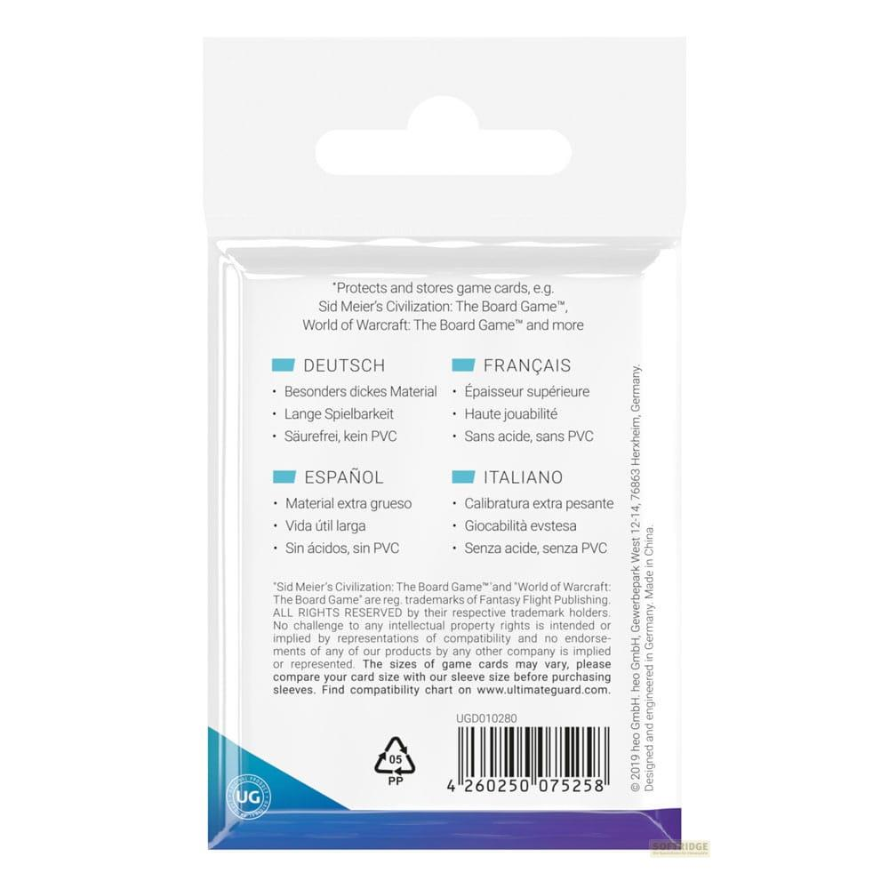 Produktverpackung mit mehrsprachigen Produktmerkmalen und Barcode.