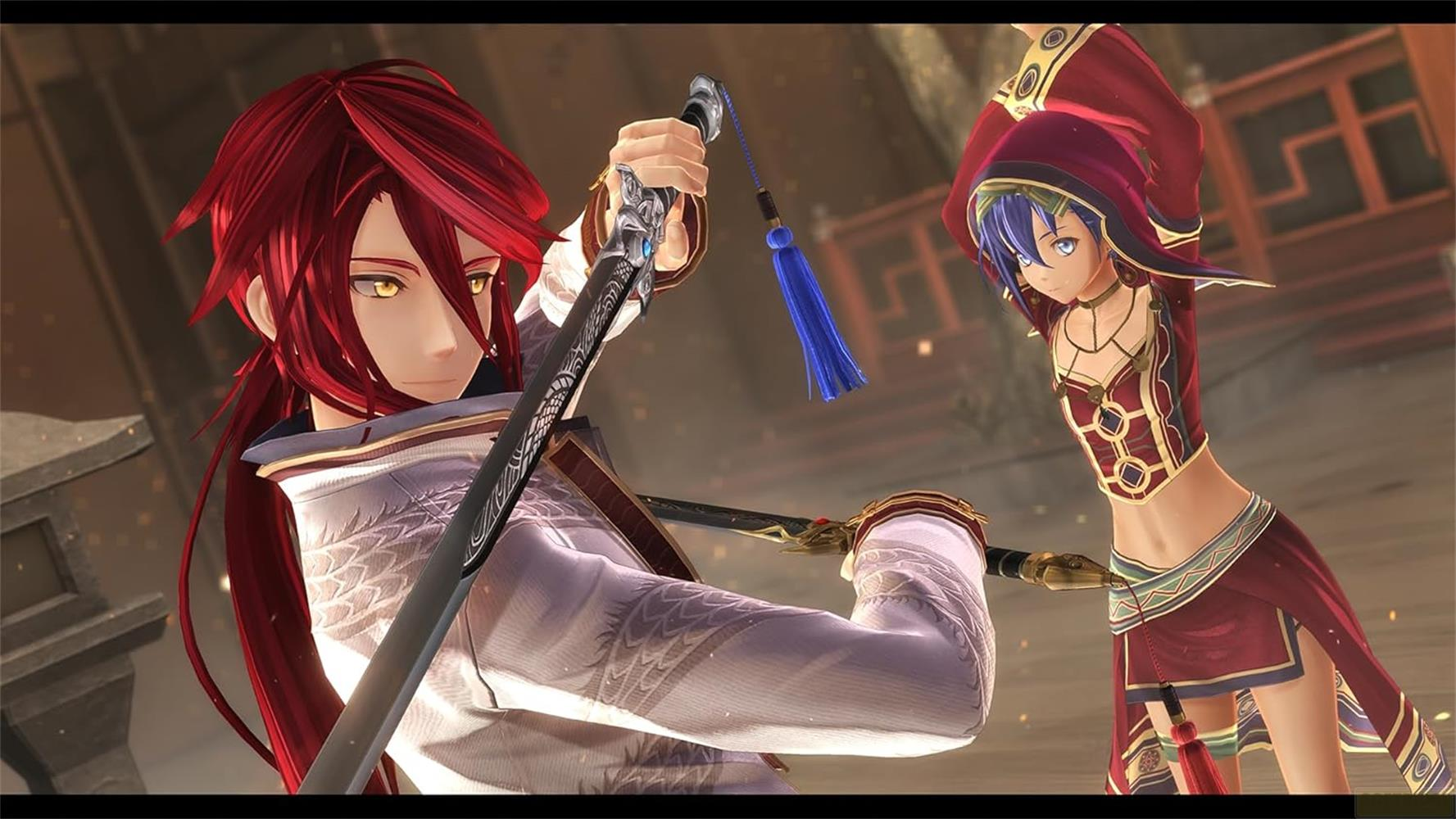 Deux personnages d'anime avec des épées se battent. L'un a les cheveux rouges, l'autre bleus.