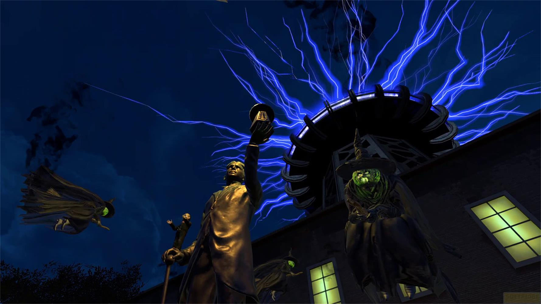 Drei Hexen und eine Statue unter blauem Blitz bei Nacht.