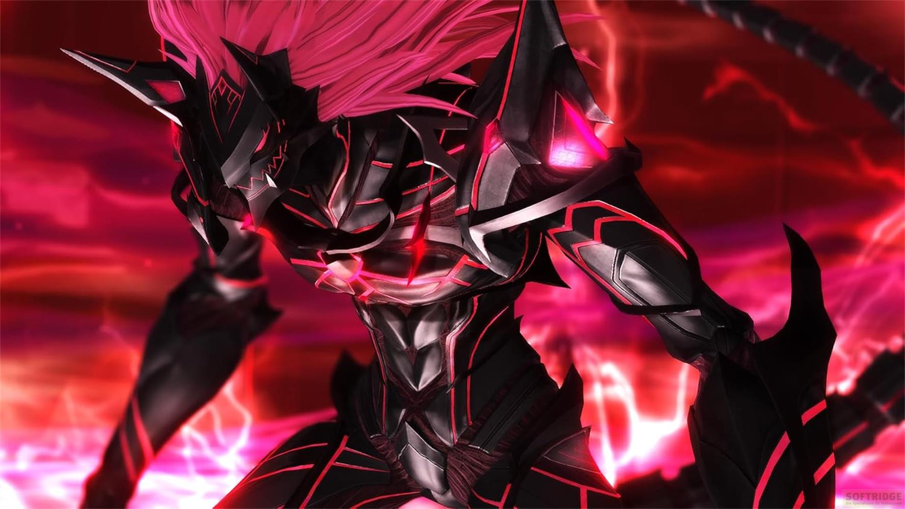 Un personnage sombre et blindé avec des accents rouges et des cheveux roses.