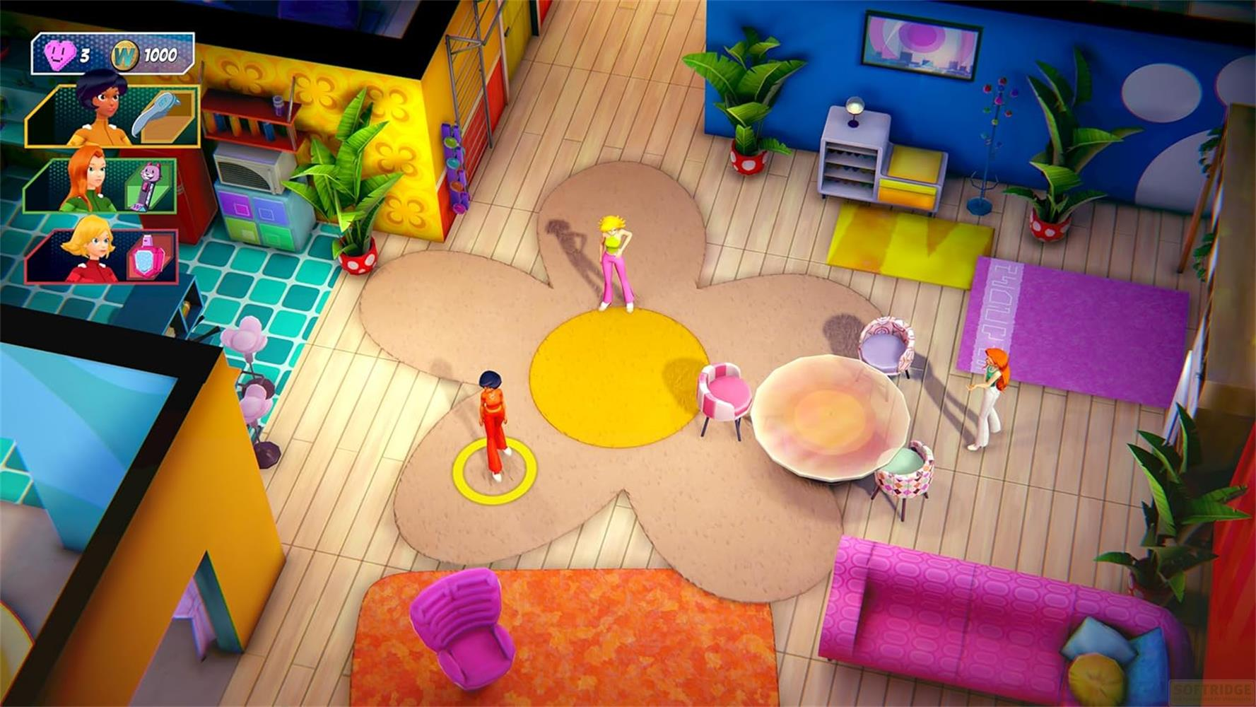 Blick von oben auf ein farbenfrohes Zimmer mit drei animierten weiblichen Figuren, Möbeln und Pflanzen auf Holzboden.