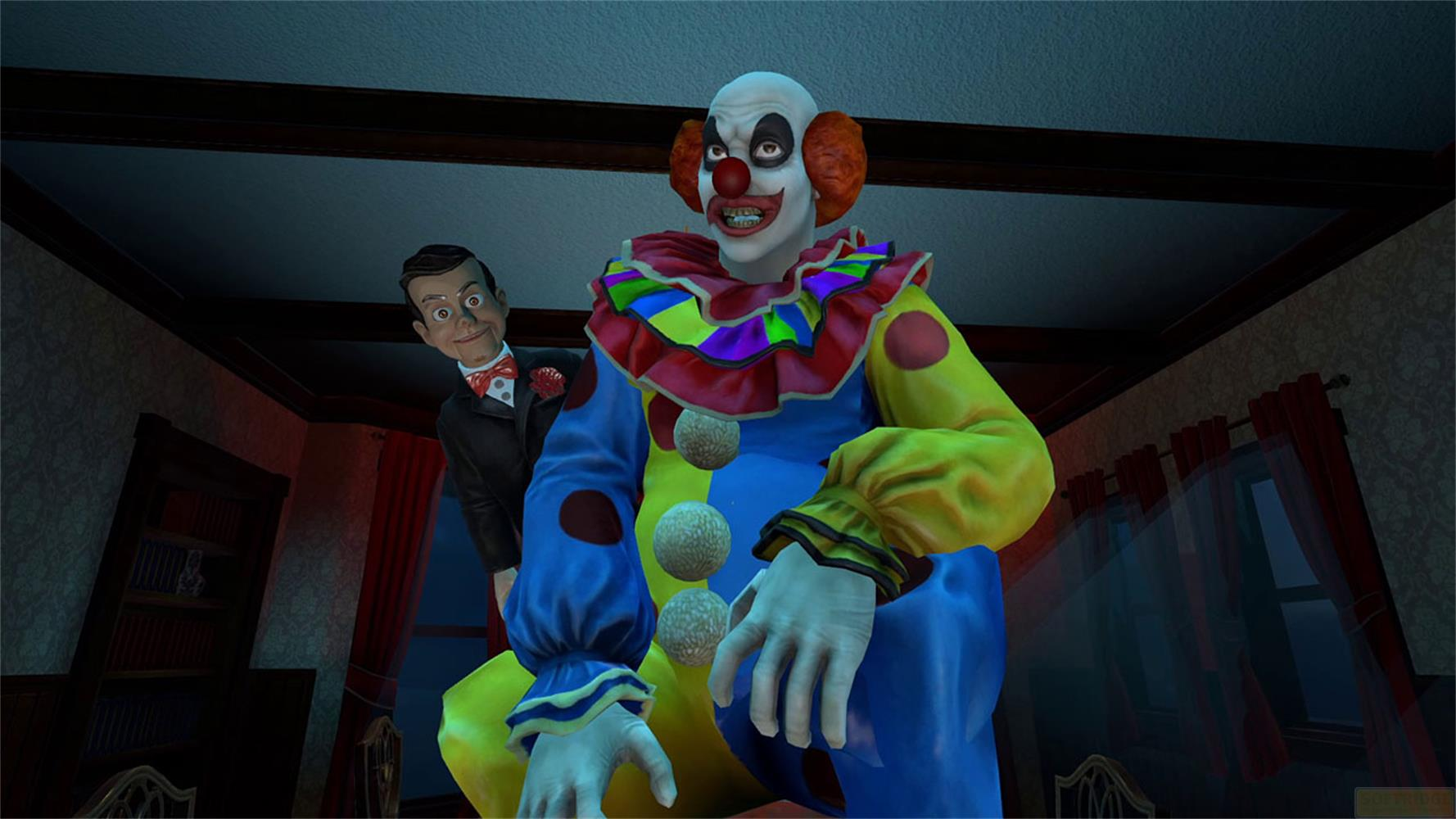 Ein Clown mit Make-up und ein Puppenspieler im schwarzen Anzug stehen in einem Raum.