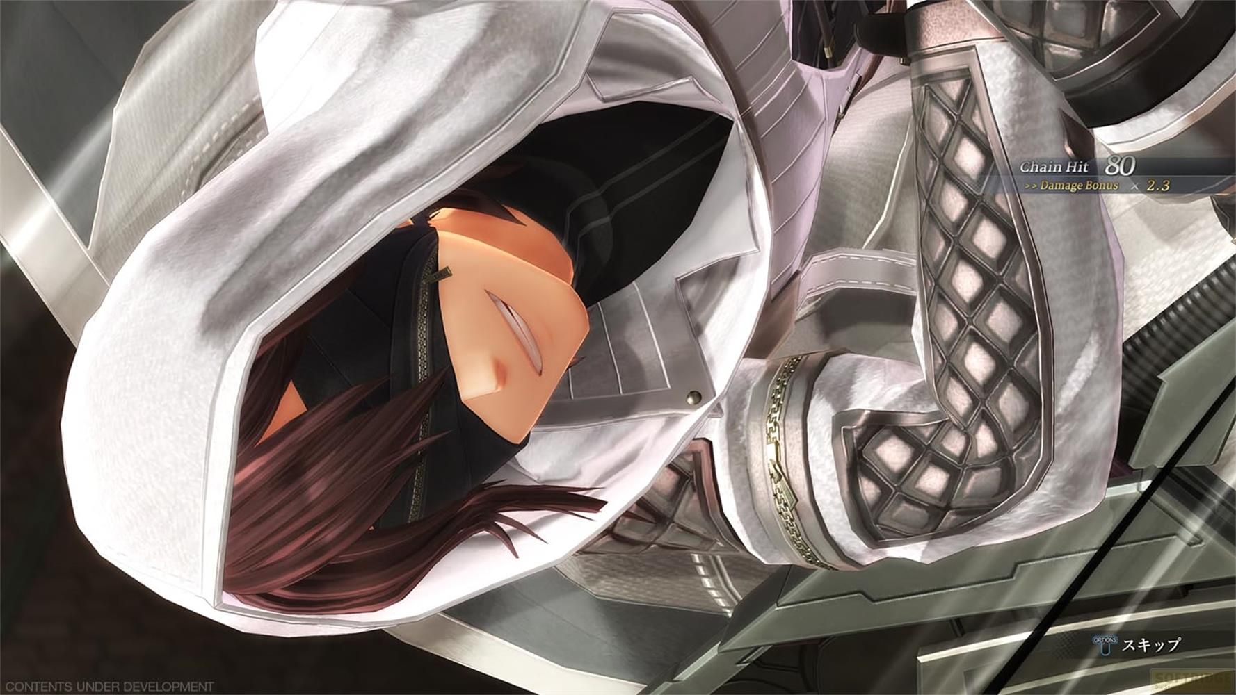 Personnage d'anime aux cheveux bruns, sweat à capuche blanc et armure argentée. Gros plan.