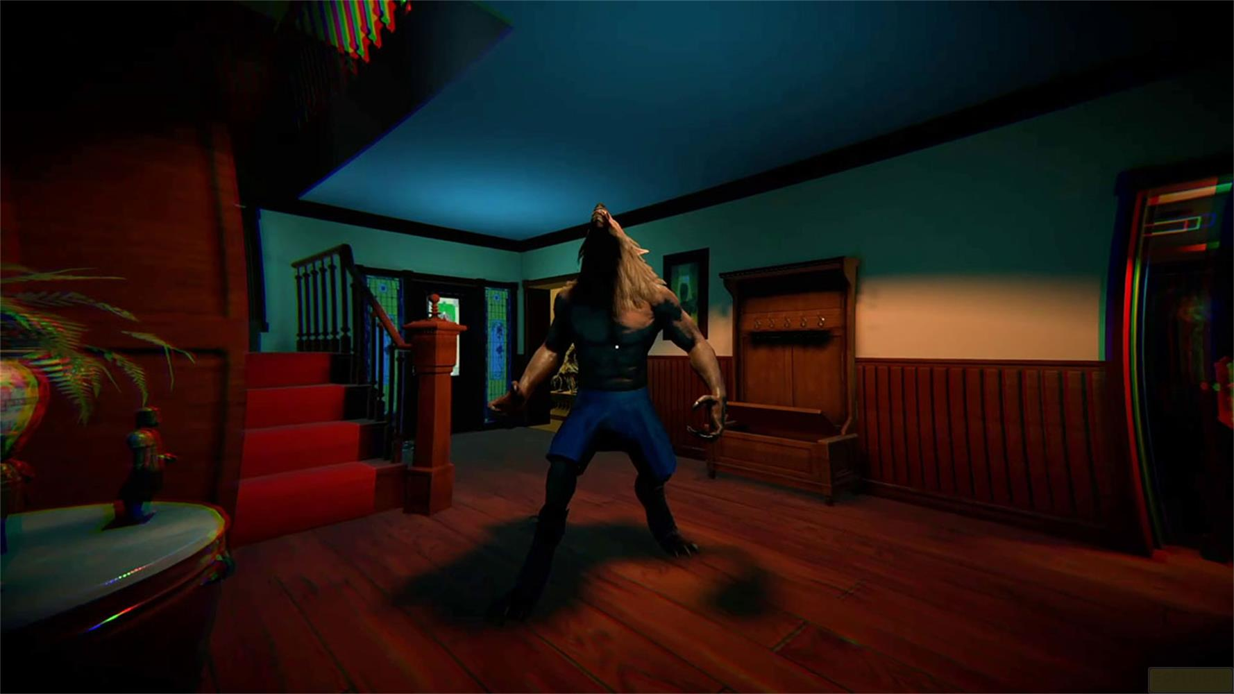 Ein Werwolf mit blauen Hosen steht in einem Haus mit roten Teppichstufen.