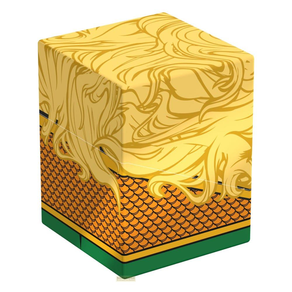 Boîte jaune à motif de cheveux dorés et écailles oranges, base verte.