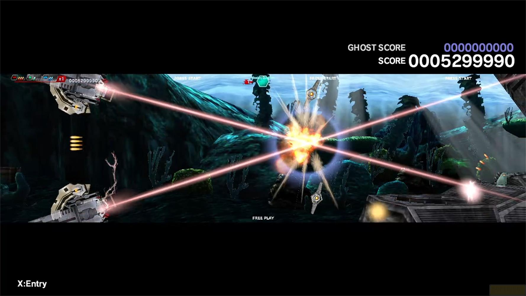 Unterwasser-Shooter mit Laserstrahlen, Explosionen und Raumschiffen.