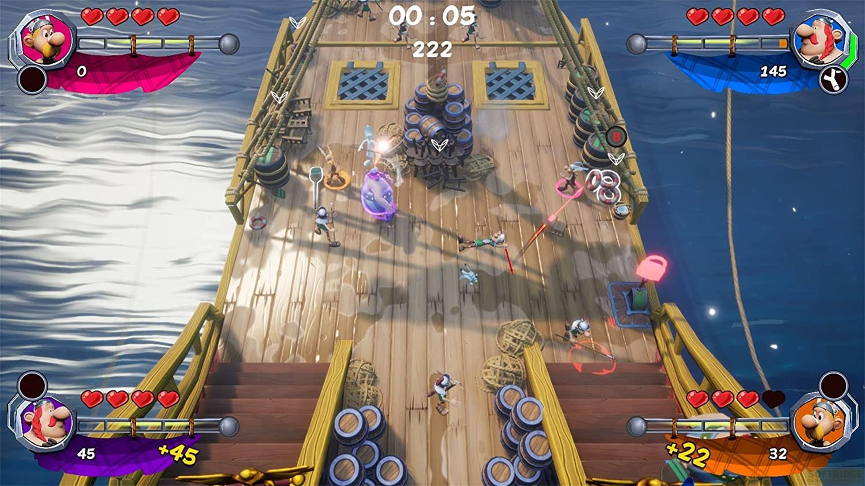 Cartoon-Charaktere kämpfen auf einem Holzdeck mit Fässern und Seilen. Spiel-UI oben und unten.