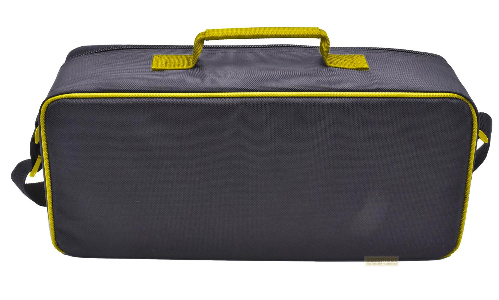 Sac gris foncé avec accents jaunes et poignée. Fond blanc.