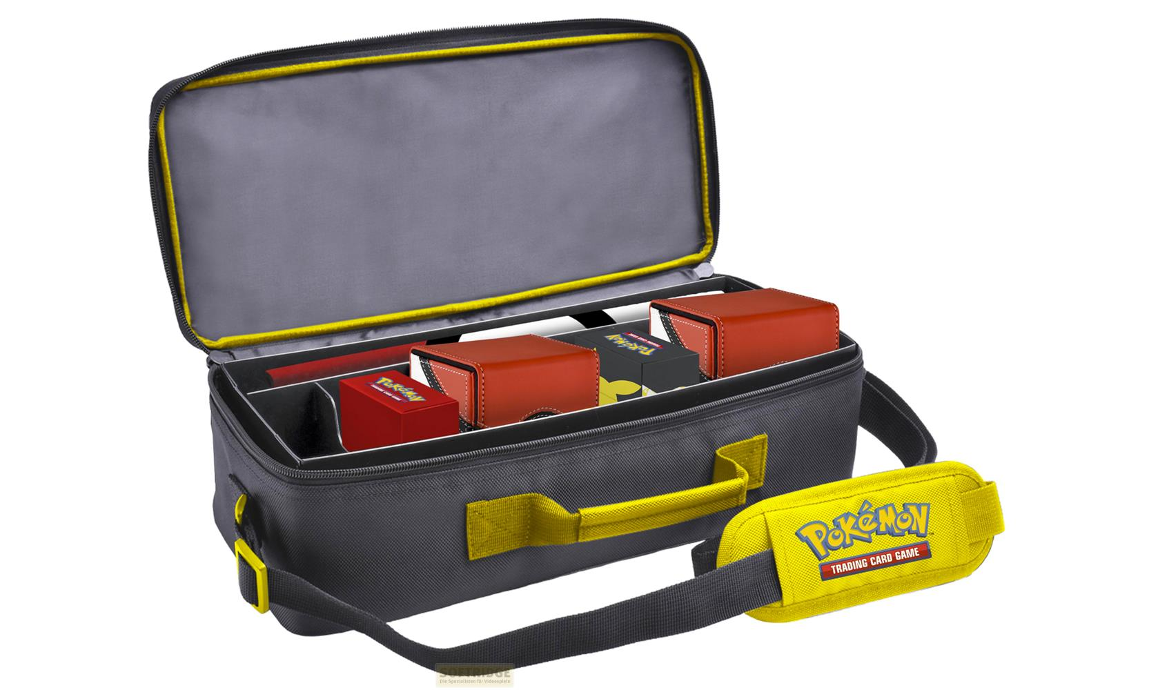 Sac gris à accents jaunes, rempli de boîtes Pokémon rouges et noires.