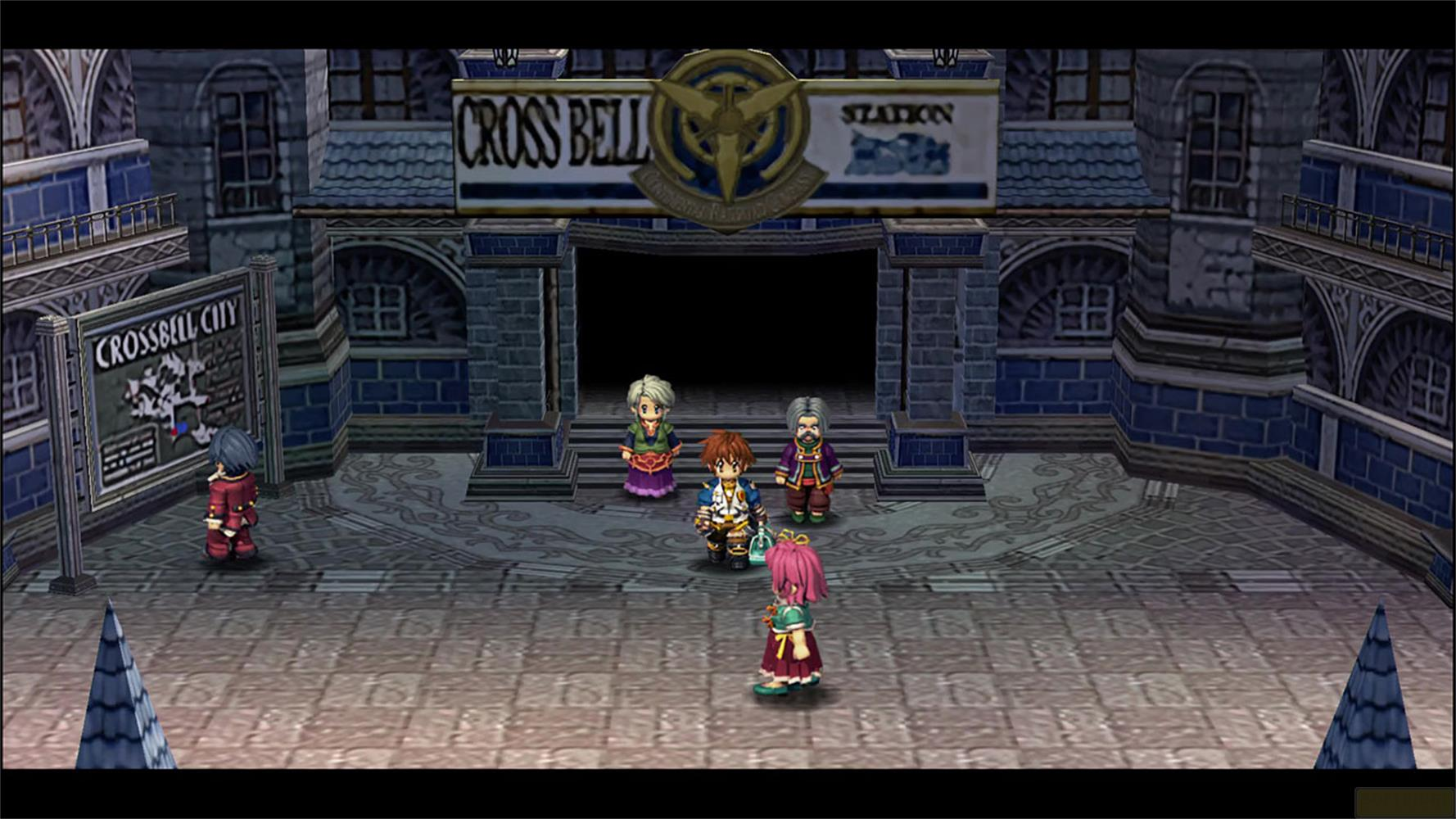 Figuren vor dem Bahnhofsgebäude von Crossbell City mit einer Karte auf der linken Seite.