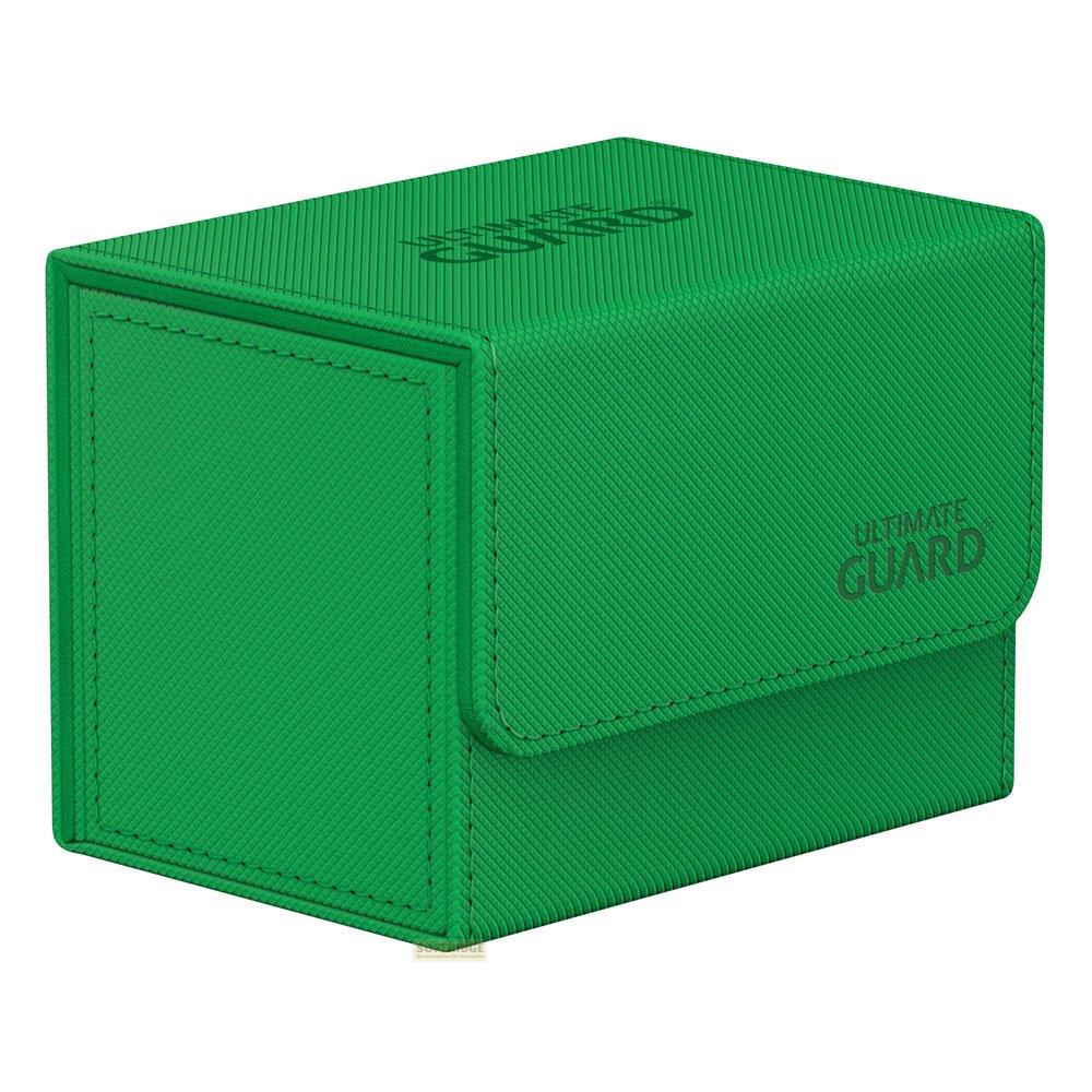 Boîte de rangement verte avec couvercle rabattable et logo en relief.