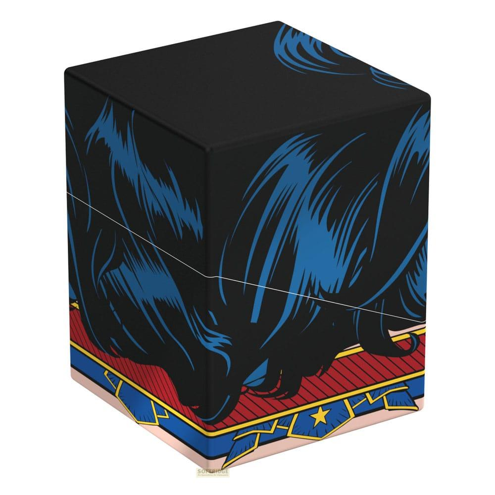 Une boîte noire avec les cheveux bleus de Wonder Woman et des bordures rouge, bleu et or.