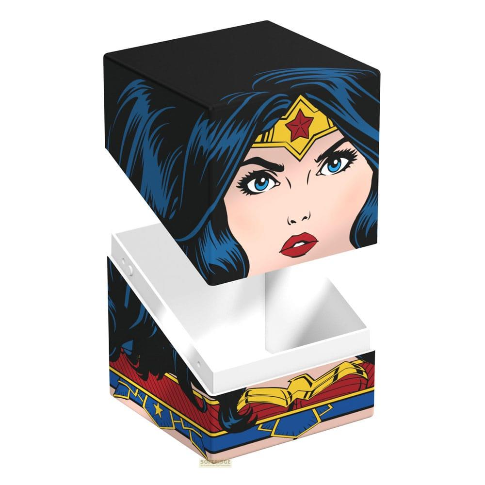 Boîte Wonder Woman, avec son visage en haut et son costume en bas.