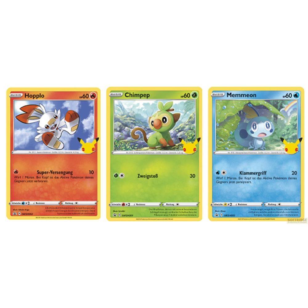 Drei Pokémon-Karten: Hopplo, Chimpep und Memmeon im Überblick.
