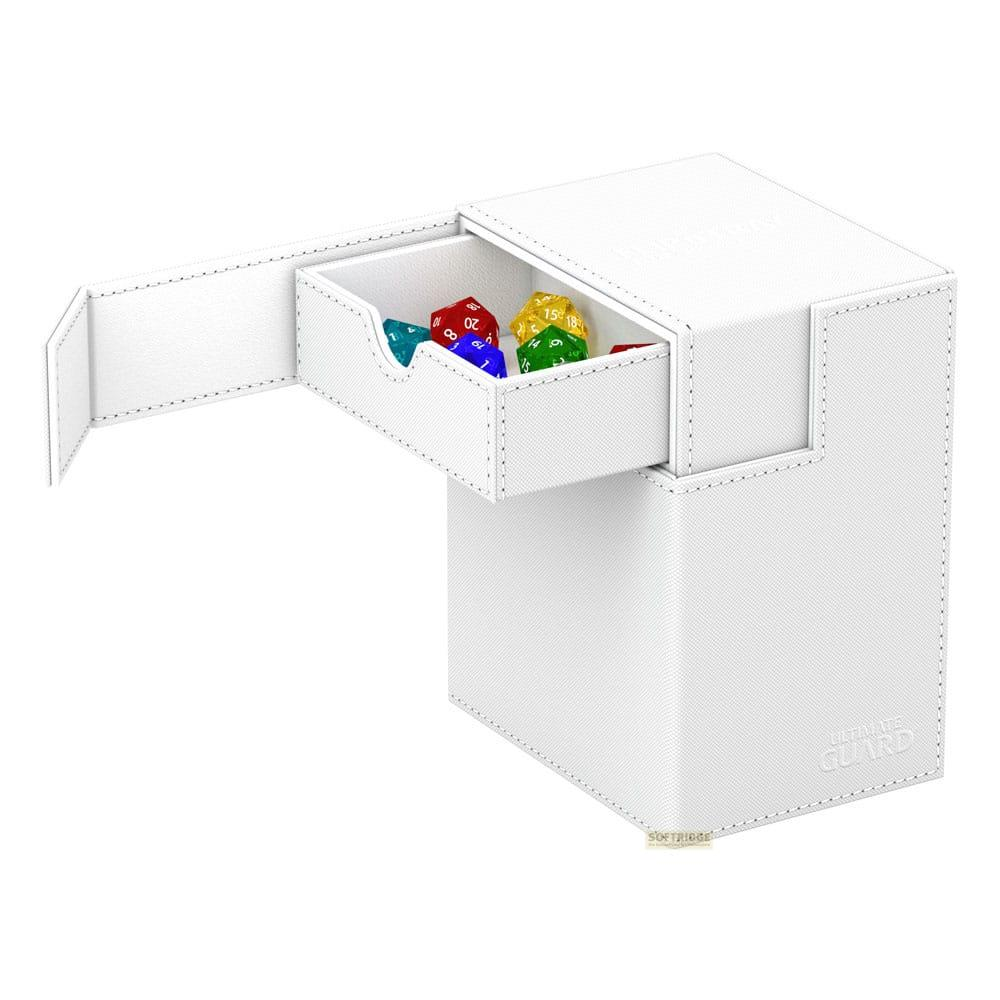 Boîte de rangement blanche avec tiroir extractible contenant des dés colorés.
