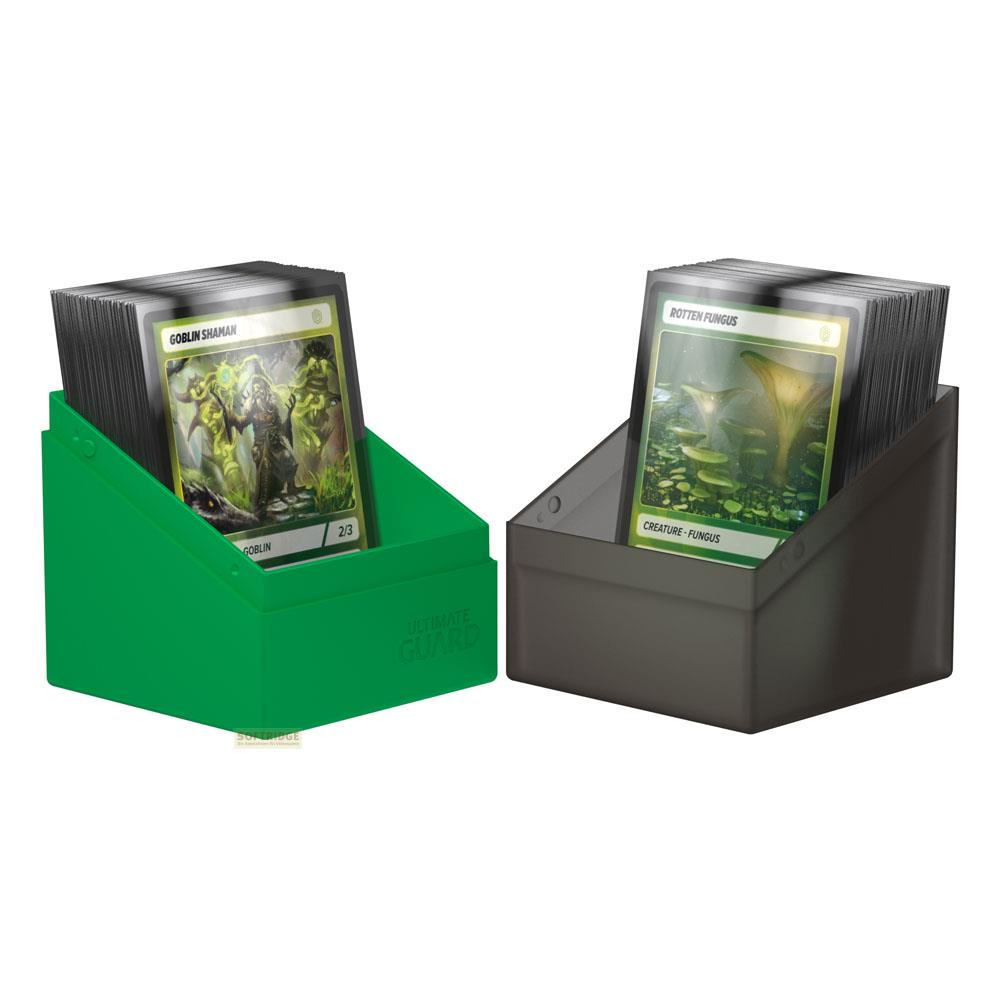 Deux paquets de cartes dans des contenants, un vert, l'autre gris.