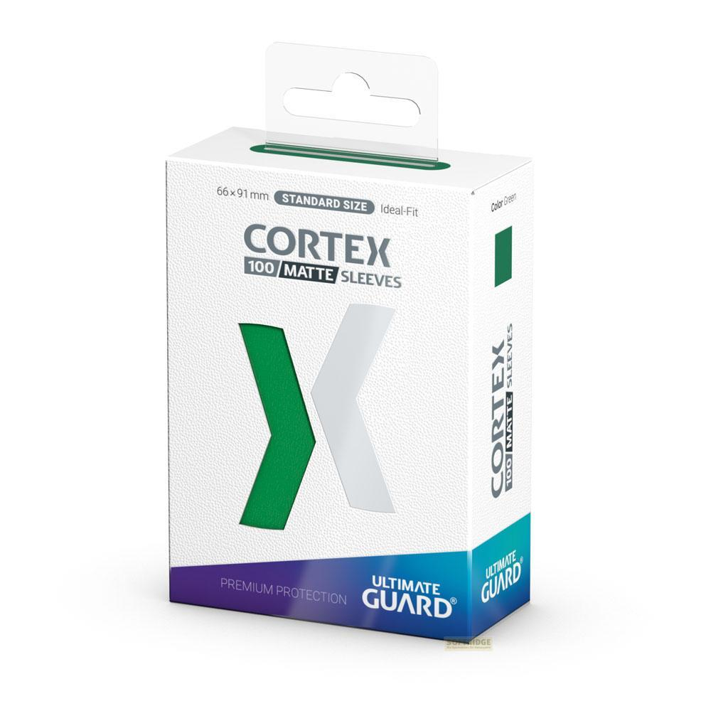 Scatola di 100 bustine opache CORTEX verdi, 66x91 mm, misura standard.