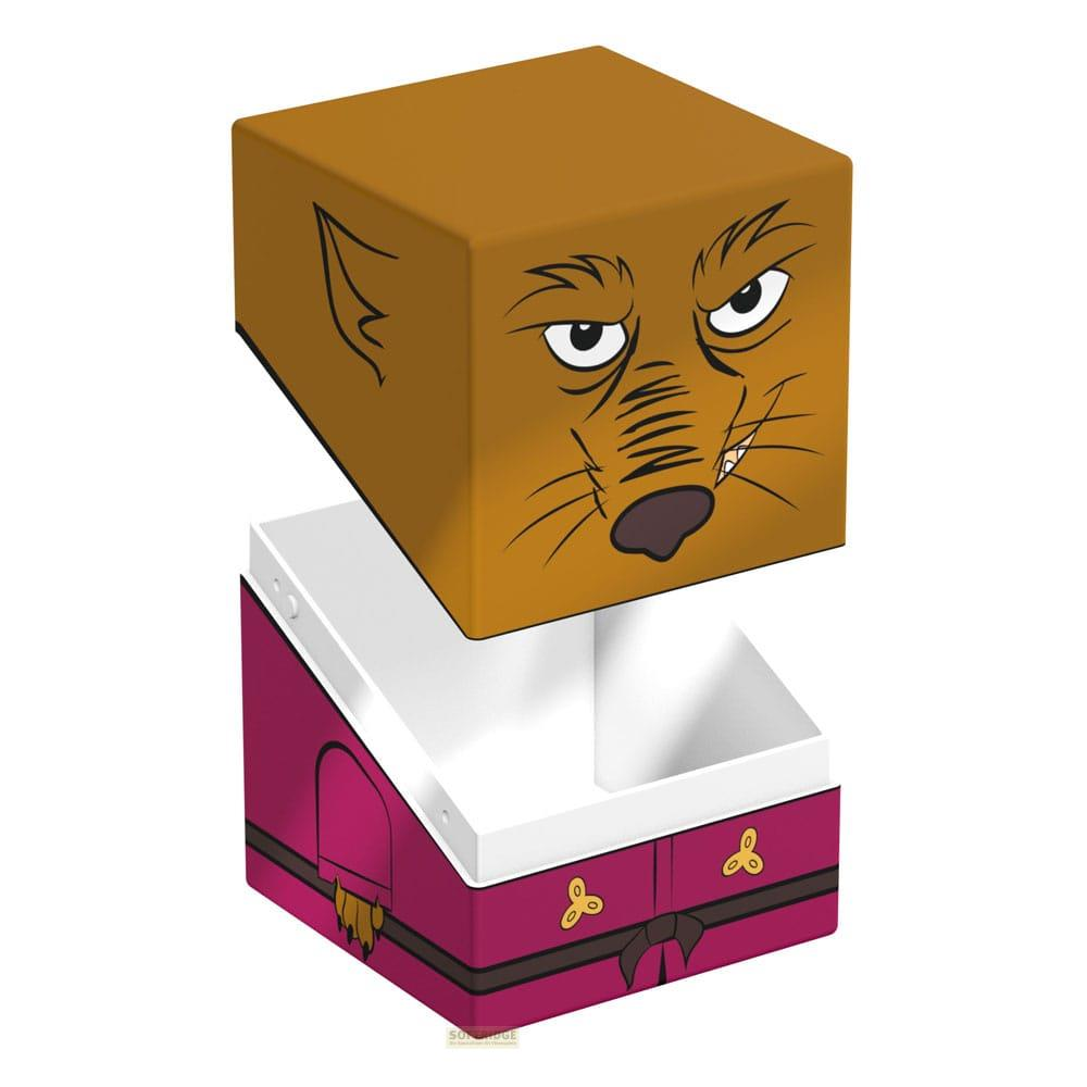 Boîte cube marron avec visage de loup féroce dessus et motif de vêtements violets dessous.