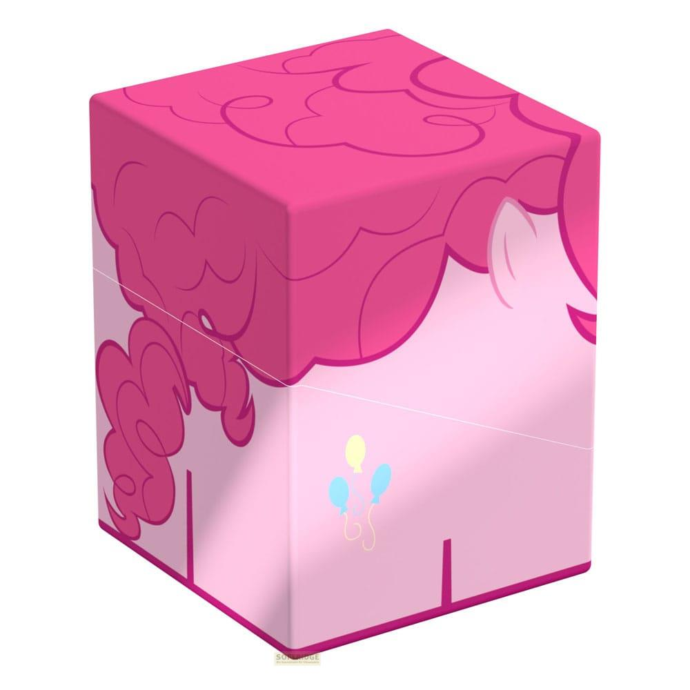 Une boîte rose avec Pinkie Pie de My Little Pony et des ballons.