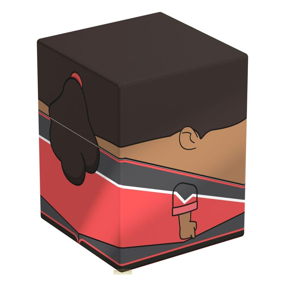 Un cube noir avec un visage stylisé et un design rouge, gris et blanc.