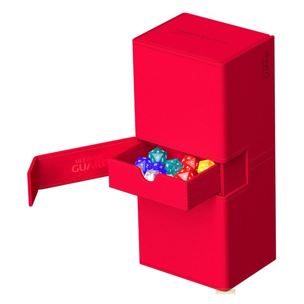 Boîte de rangement rouge avec tiroir sorti rempli de dés colorés.