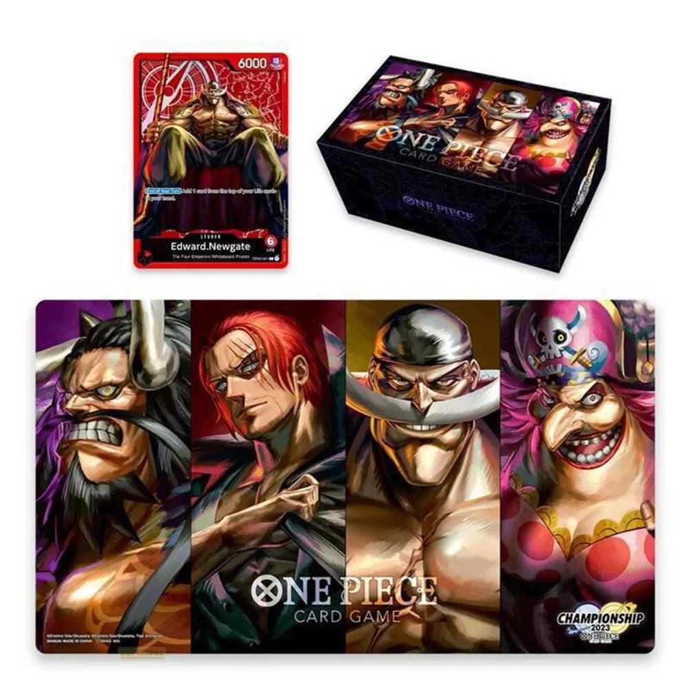 Accessoires de jeu de cartes One Piece : carte, boîte et tapis avec personnages.