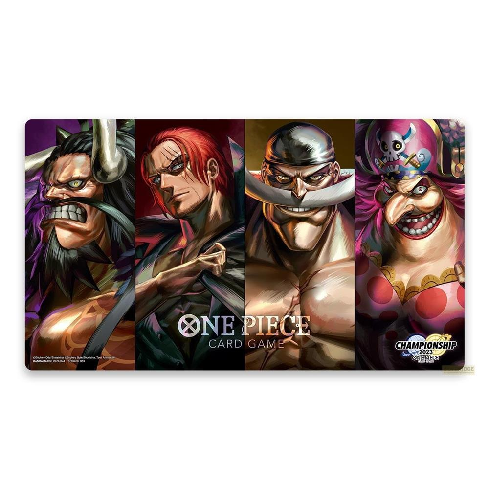 Quatre personnages de One Piece: Kaido, Shanks, Barbe Blanche, Big Mom. En bas: Jeu de cartes One Piece.