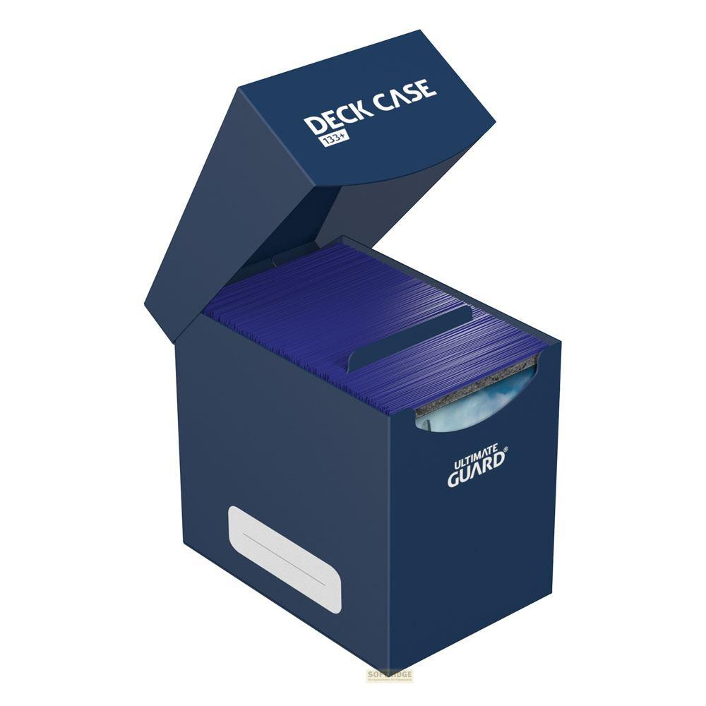 Boîte de deck bleu foncé avec couvercle ouvert, remplie de pochettes bleues.