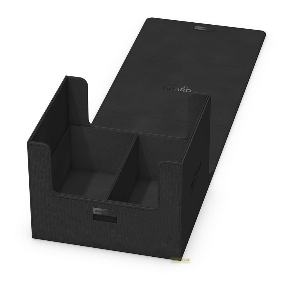 Boîte de rangement noire à deux compartiments pour cartes, couvercle ouvert.