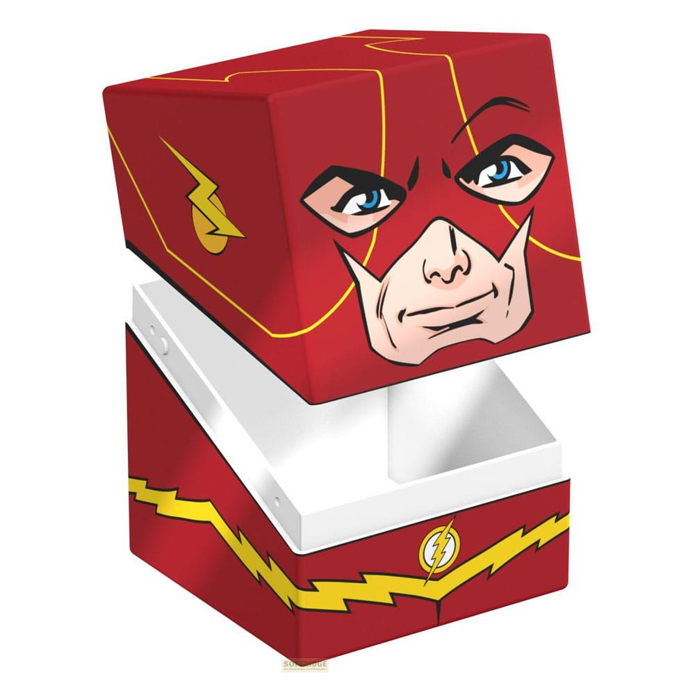 Une boîte rouge avec le visage de Flash et des détails d'éclair jaune.