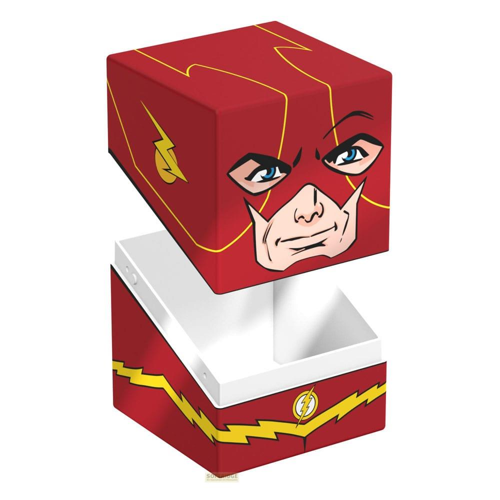 Boîte rouge avec design Flash. Le couvercle montre le visage du super-héros.