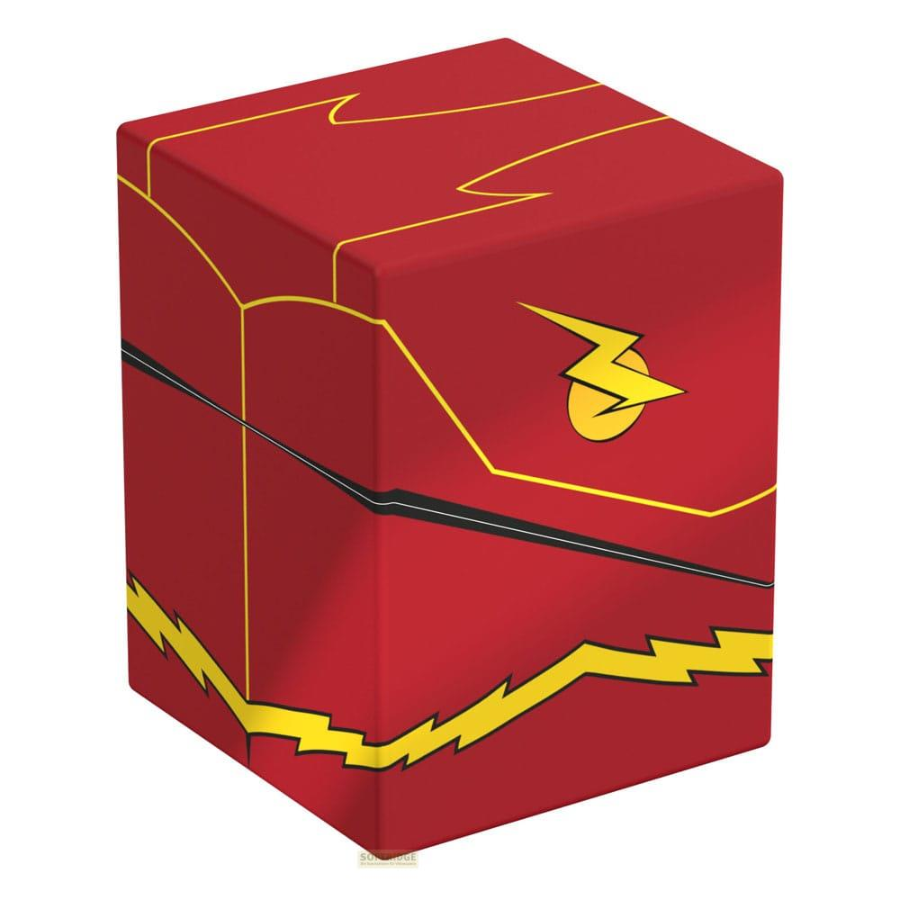 Boîte rouge avec design éclair jaune et logo Flash.