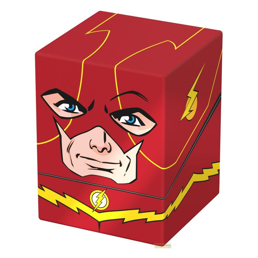 Un cube rouge avec le visage de Flash, des éclairs jaunes et un symbole d'éclair.