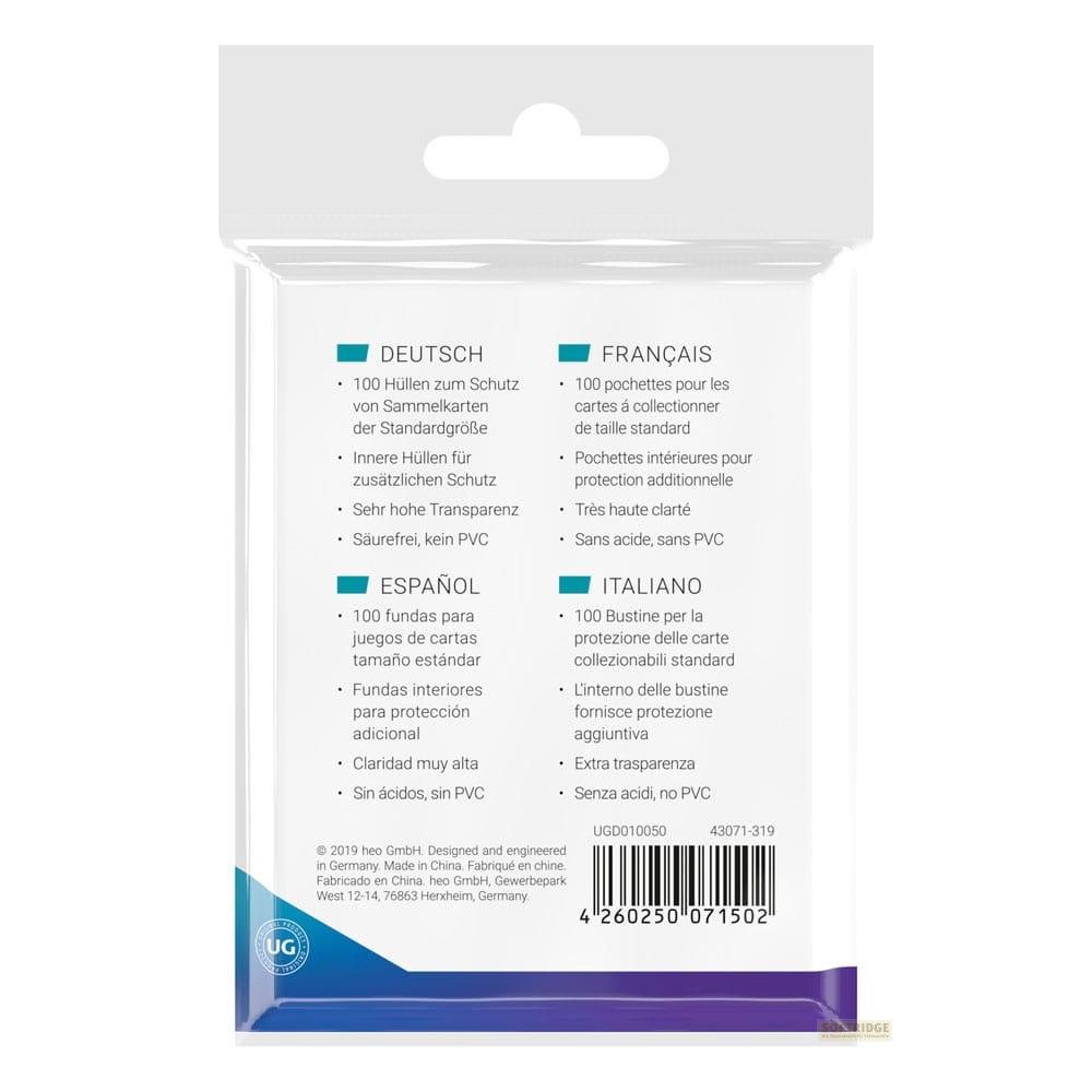 Verpackung für Sammelkarten-Schutzhüllen mit mehrsprachigen Infos.